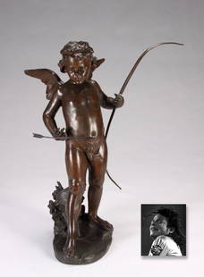 Cupid with Bow and Arrow, Bronze, ex. Michael Jackson: Cupid with Bow and Arrow, Bronze, ex. Michael Jackson. R. Aurili (Italian, 19th Century), 41" x 33" (104 x 84 cm), bronze statue of Cupid holding a bow and arrow. As "The King of Pop," Michael