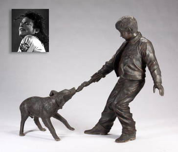 Young Boy and Companion, Bronze, ex. Michael Jackson: Young Boy and Companion, Bronze, ex. Michael Jackson. 20th Century, 64" x 52" (162.5 x 132 cm), life-size bronze figural group of a boy playing tug-of-war with a dog. Variegated brown patination. 