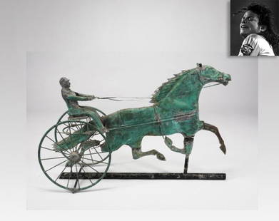 Copper Horse Weathervane, ex. Michael Jackson: Copper Horse Weathervane, ex. Michael Jackson. 20th Century, 18.8" x 29.9" x 8.5" (48 x 76 x 21.6 cm), copper with applied green patination, broken front leg. As "The King of Pop," Michael Jackson