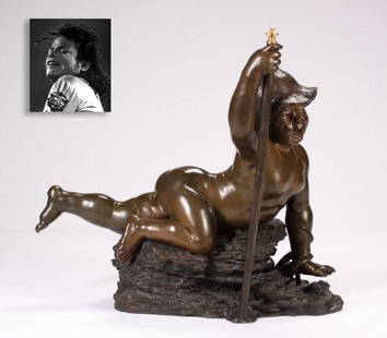 Crying Child and Snake, Bronze, ex. Michael Jackson: Crying Child and Snake, Bronze, ex. Michael Jackson. 20th Century, 30.5" x 36" (77.5 x 91.5 cm), bronze statue of crying child holding a staff in one hand, with a snake wrapped around the other,