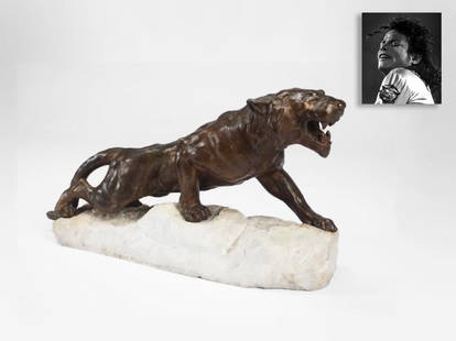 Tiger King, Bronze on Marble Base, ex. Michael Jackson: Tiger King, Bronze on Marble Base, ex. Michael Jackson. A. Bartelier (French 19th/20th Century), 14" x 30" x 8" (35.5 x 76 x 20 cm), bronze tiger crouching on a marble base, signed on base. As "The