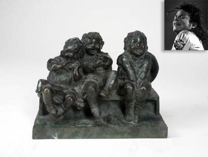 Three Children on a Bench, Bronze, ex. Michael Jackson: Three Children on a Bench, Bronze, ex. Michael Jackson. Sculptor: R. Tonti, 20th Century, height 9" (23 cm), bronze figural group depicting three children on a bench, signed and dated "R. Tonti,