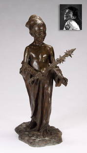 Boy Playing Hand Chime, Bronze, ex. Michael Jackson: Boy Playing Hand Chime, Bronze, ex. Michael Jackson. Sculptor: T. de Matteis, 20th Century, 50" x 28.5" (127 x 72 cm), variegated patinated bronze statue featuring a boy in rags playing a makeshift