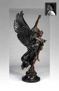 "Gloria Victis," Bronze, ex. Michael Jackson: "Gloria Victis," Bronze, ex. Michael Jackson. Sculptor: Antonin Mercie (French, 19th Century), 99" x 58" (251.5 x 147.5 cm), parcel-gilt and bronze statue mounted on a black marble socle, signed "A.