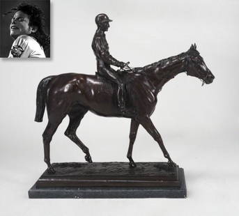 Equestrian, Bronze on Marble Stand, ex. Michael Jackson: Equestrian, Bronze on Marble Stand, ex. Michael Jackson. Sculptor: Isidore Bonheur (French, 19th Century), 30" x 26" x 9.5" (76 x 66 x 24 cm), bronze equestrian statue on marble stand. Signed on