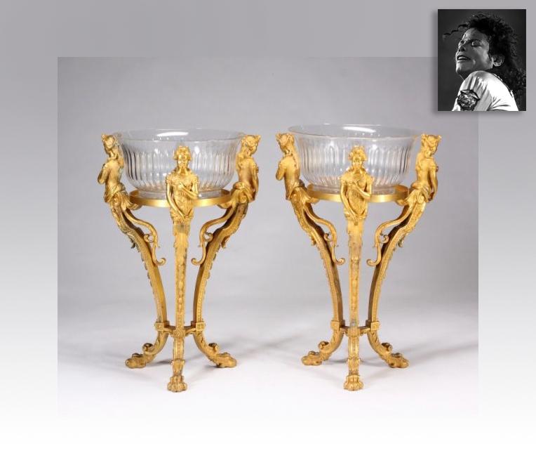 Pair of Gilt Tripods w Glass Bowls, ex. Michael Jackson: Pair of Gilt Tripods w Glass Bowls, ex. Michael Jackson. Height 35" diameter 14.5" (height 89 diameter 36.8 cm), pair of Neoclassical style gilded figural tripod stands with decorative glass bowls. As