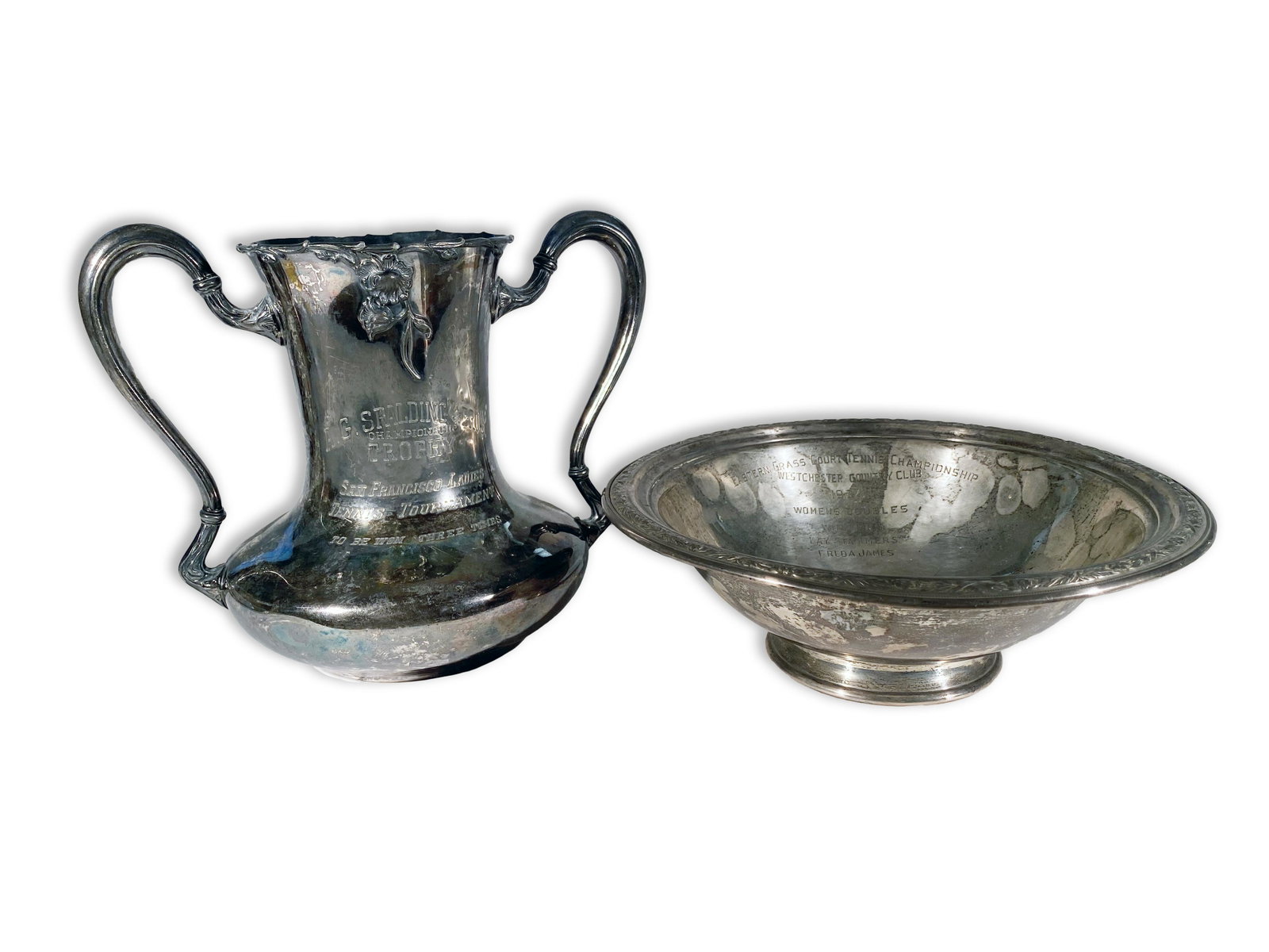 Two Ladies' Tennis Tournament Trophies: Two Ladies' Tennis Tournament Trophies One is the A.G. Spalding and Brothers Championship Trophy San Francisco with engravings form 1909-1915. The other is the Eastern Grass Court Tennis Championship,
