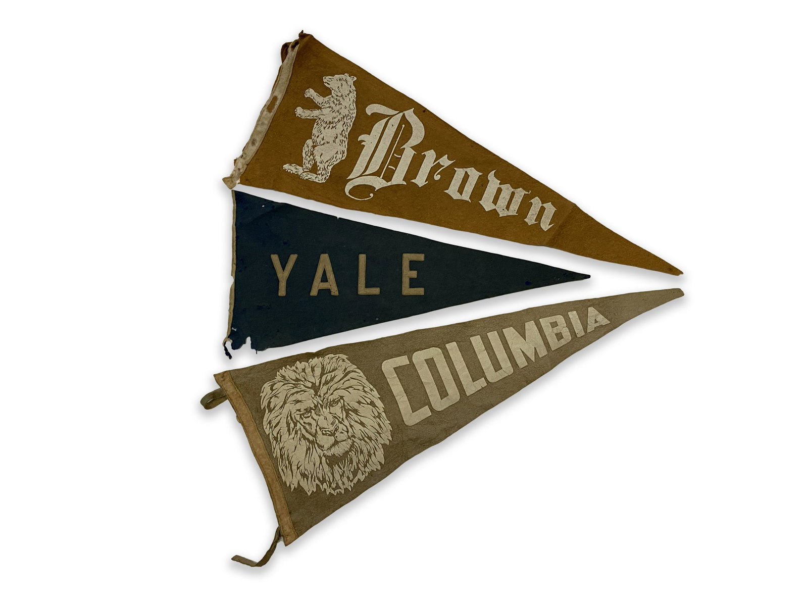 Ivy League Vintage Felt Pennant Banners: Three (3) Vintage Felt Pennant Banners for Ivy League Schools Includes Yale, Brown, and Columbia. The Yale banner, which we believe dates back to the turn of the last century, has an eroded corner as 