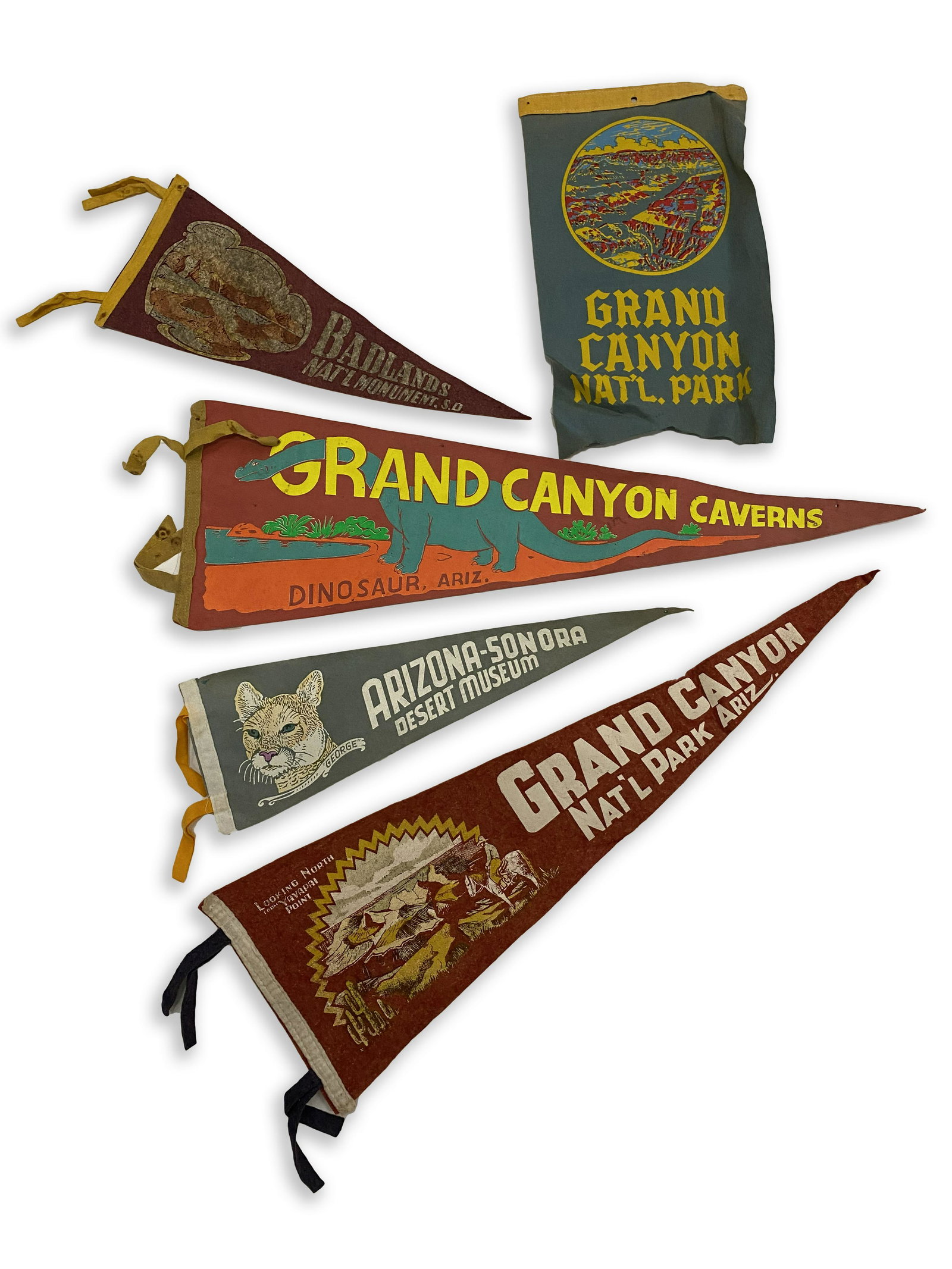 Southwest Vintage Felt Pennant Banners: Five (5) Vintage Pennant Banners for Places in the Southwest Including Badlands National Monument, Grand Canyon National Park, Grand Canyon Caverns, and Arizona/Sanora Desert Museum This is an unreser