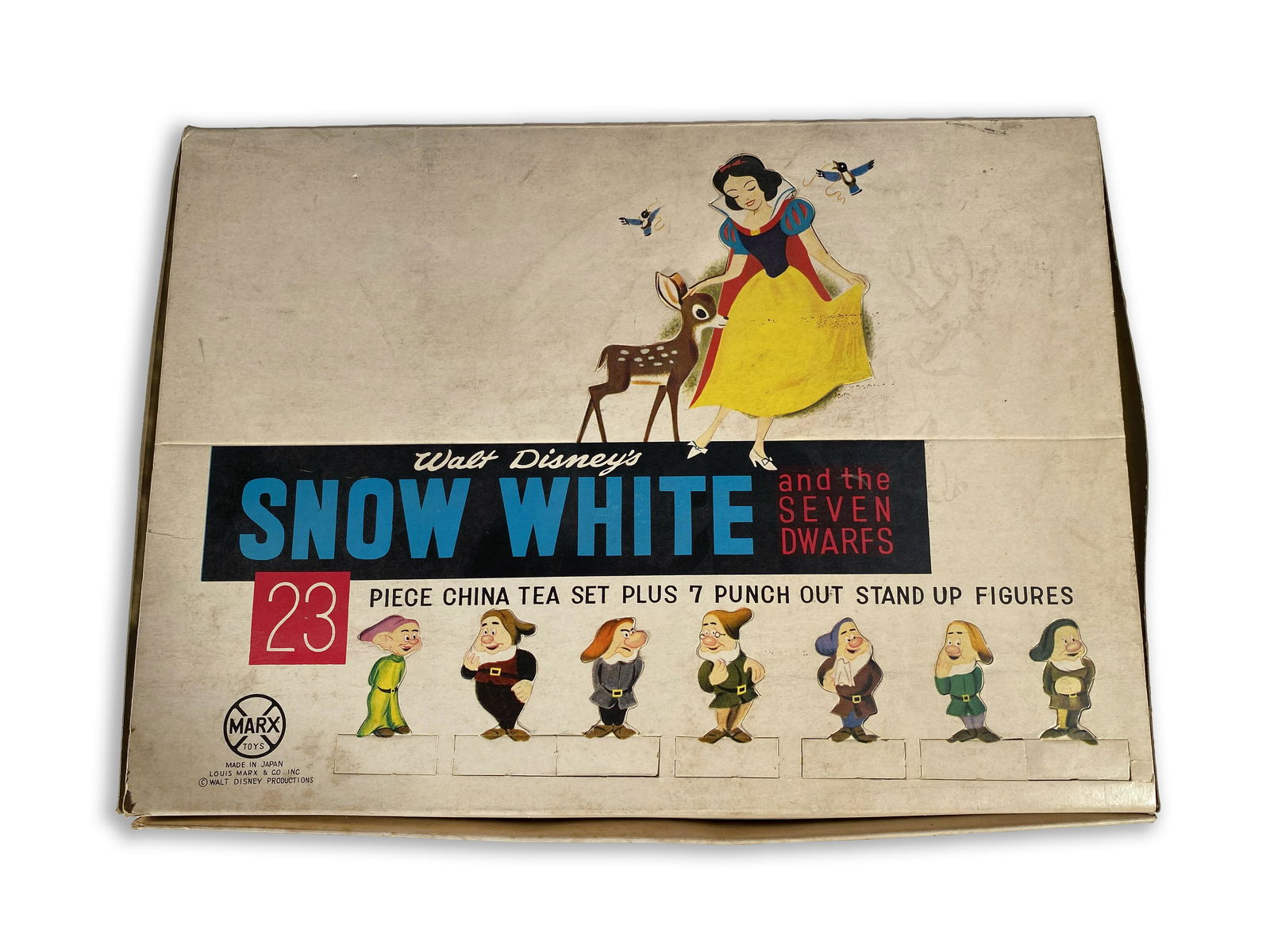 Snow White and the Seven Dwarfs 23 Piece China Set: Snow White and the Seven (7) Dwarfs 23 Piece China Set in Original Box and with Original Metallic Cardboard Display Mint in box (box itself has yellowed a bit with a slight stain on the verso). This i