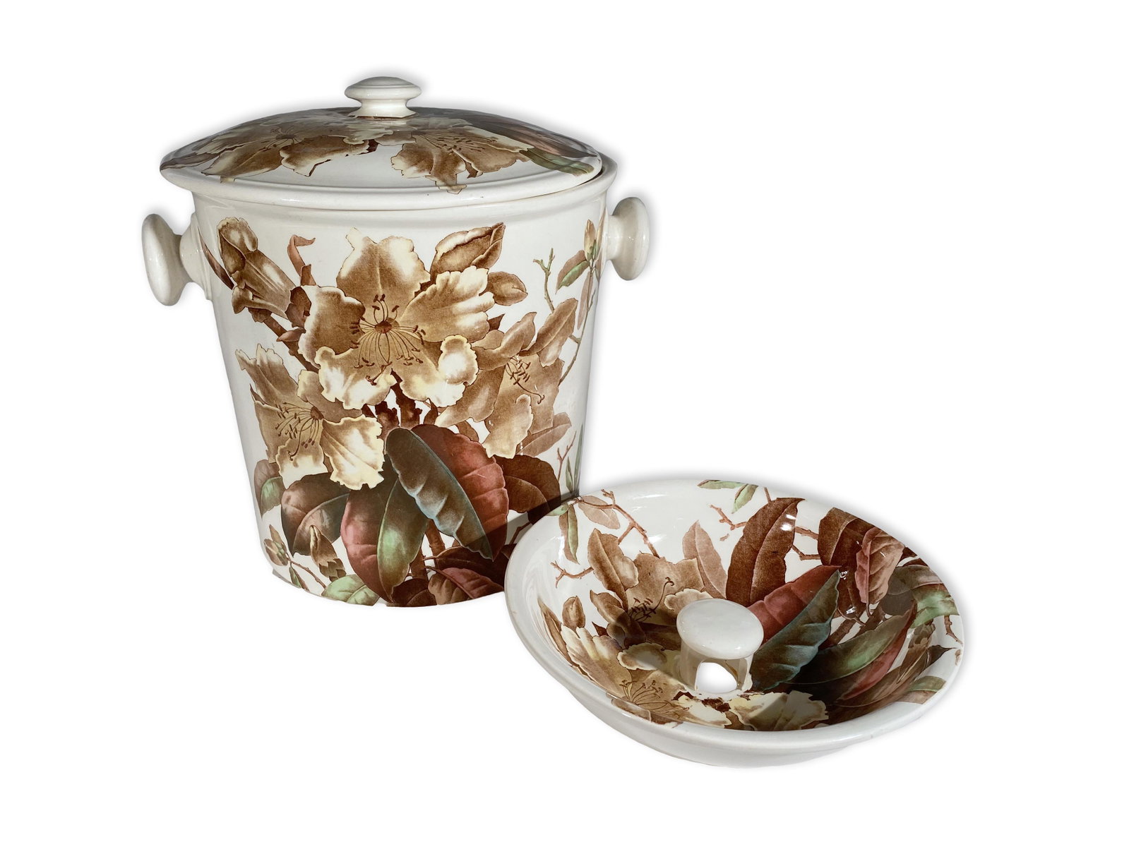 Lidded Chamber Pot, Dressing Pitcher & Bowl, & Basin: Antique Lidded Three-Chamber Pot, English Ceramic Dressing Pitcher and Bowl, and English Minton Cactus Pattern Basin 11" tall This is an unreserved auction with no minimums. This is an online only sal