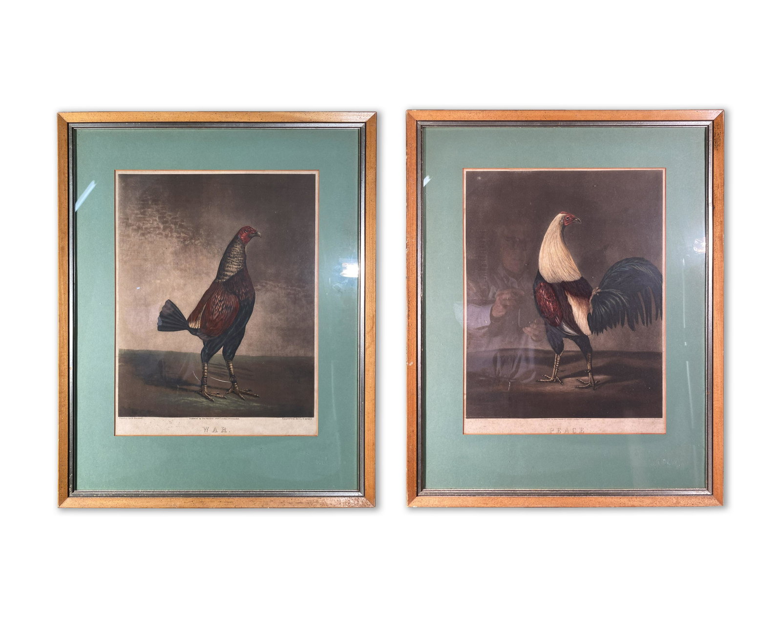 "War" and "Peace" Lithographs, 1880: Pair of Lithographs of Paintings by Ben Marshall Titled "War" and "Peace," 1880 Engraved by C. Turner in a hand painted frame. Both 28" x 22" This is an unreserved auction with no minimums. This is an