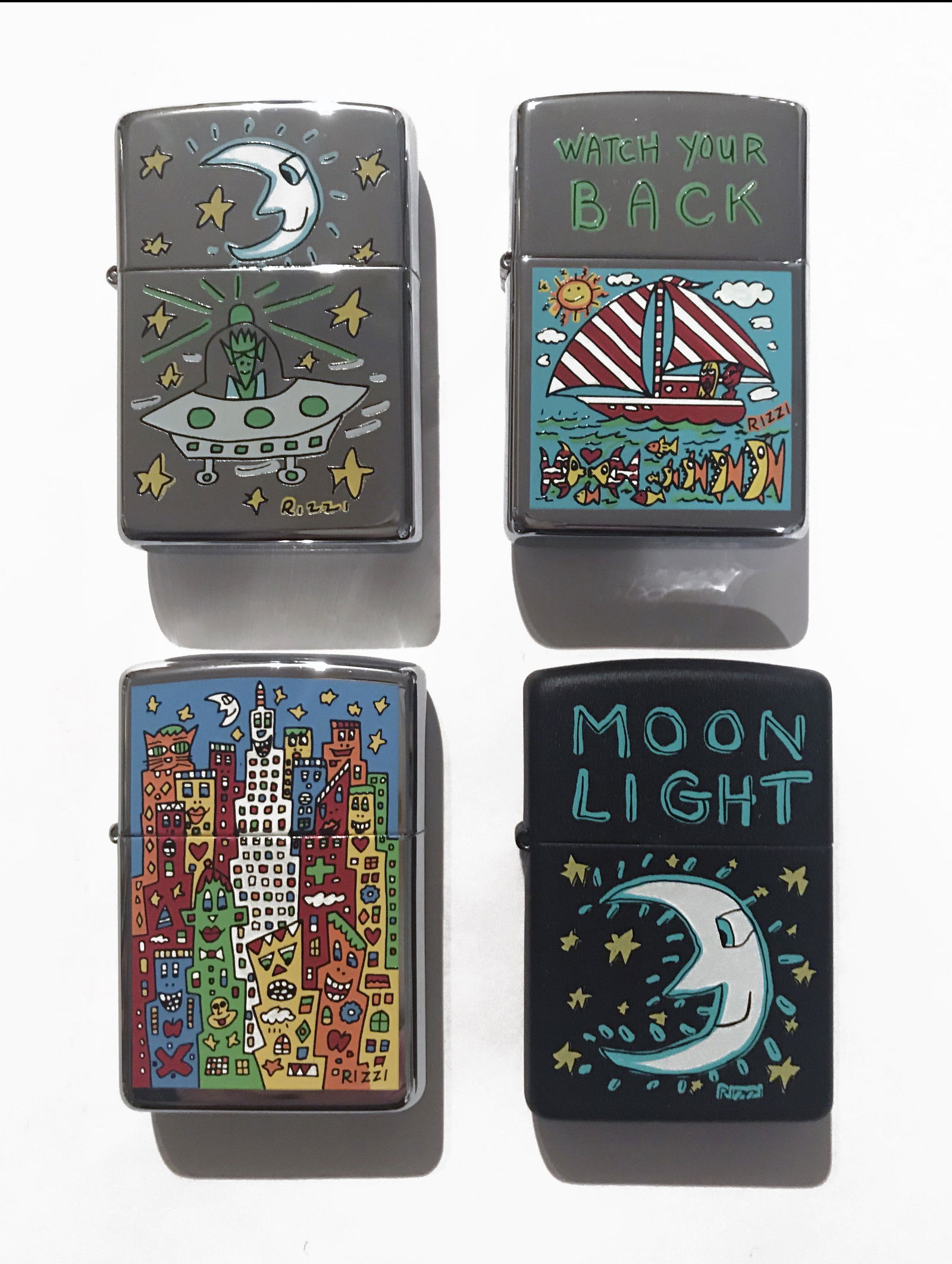 James Rizzi, 4 Rare Zippo Lighters: James Rizzi, 4 Rare Zippo Lighters Prototypes for 4 limited edition James Rizzi lighters by Zippo, 1993. All 4 lighters are new and unused and in their original Zippo cases. The lighters were manufact
