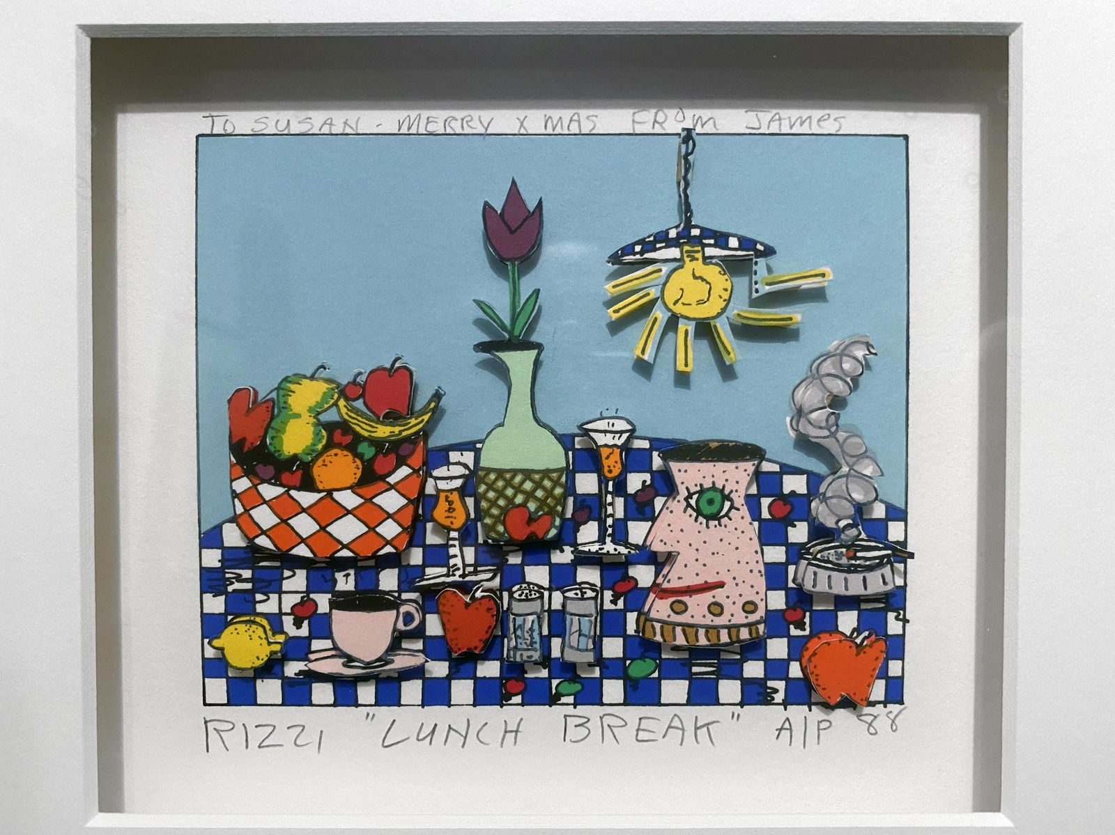 James Rizzi, Lunchbreak, 1988: James Rizzi, Lunchbreak, 1988 "Lunchbreak", screenprint with hand-cut 3-D construction, 1988, an artist's proof (AP) from a numbered edition of 300, signed in pencil and inscribed "To Susan Merry Xmas