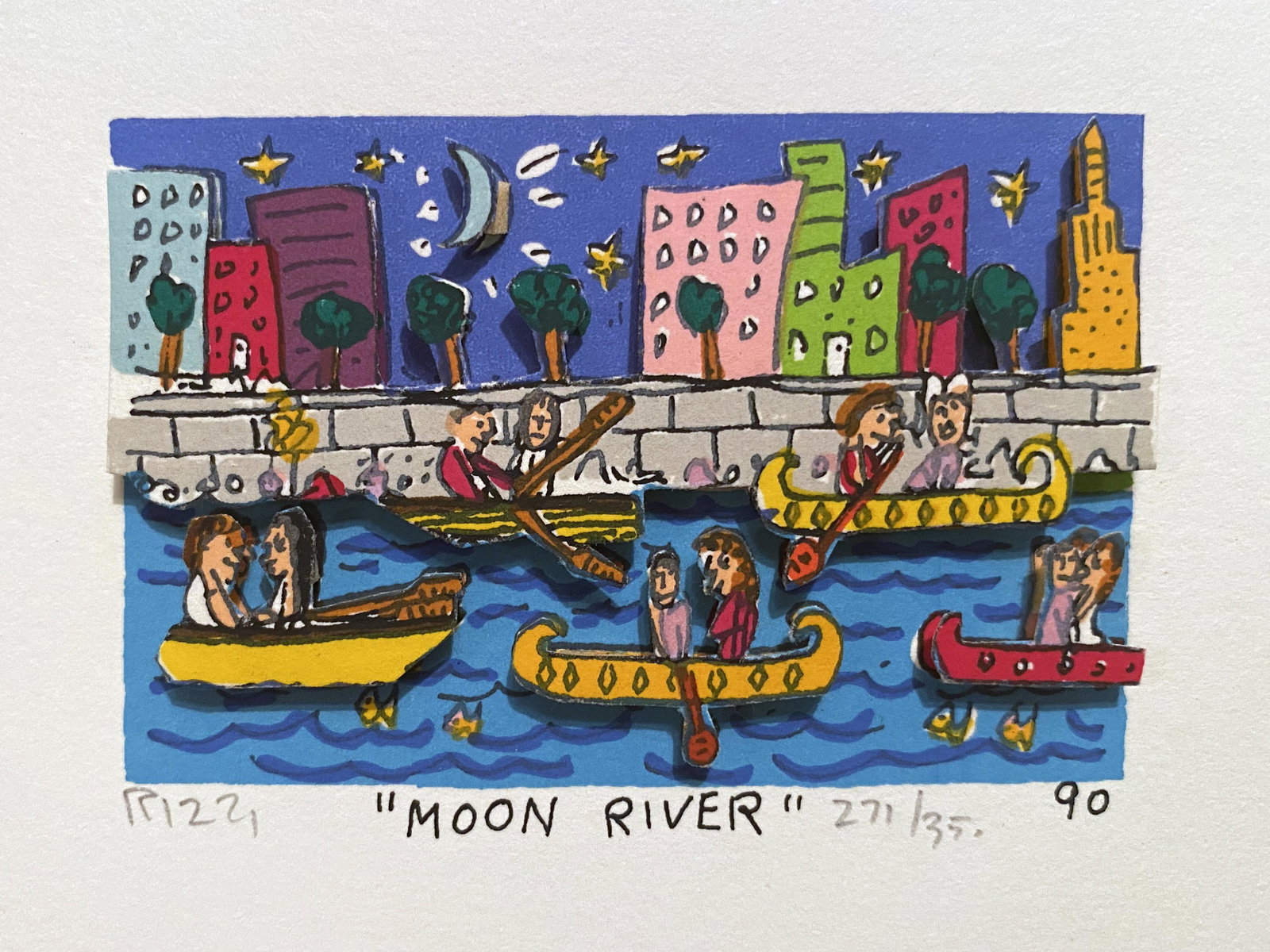 James Rizzi, Moon River: James Rizzi, Moon River "Moon River", screenprint with hand-cut 3-D construction, 1990; signed in pencil, ed. 271/350. In pristine condition. Acquired directly from the artist. James Rizzi (1950-2011)