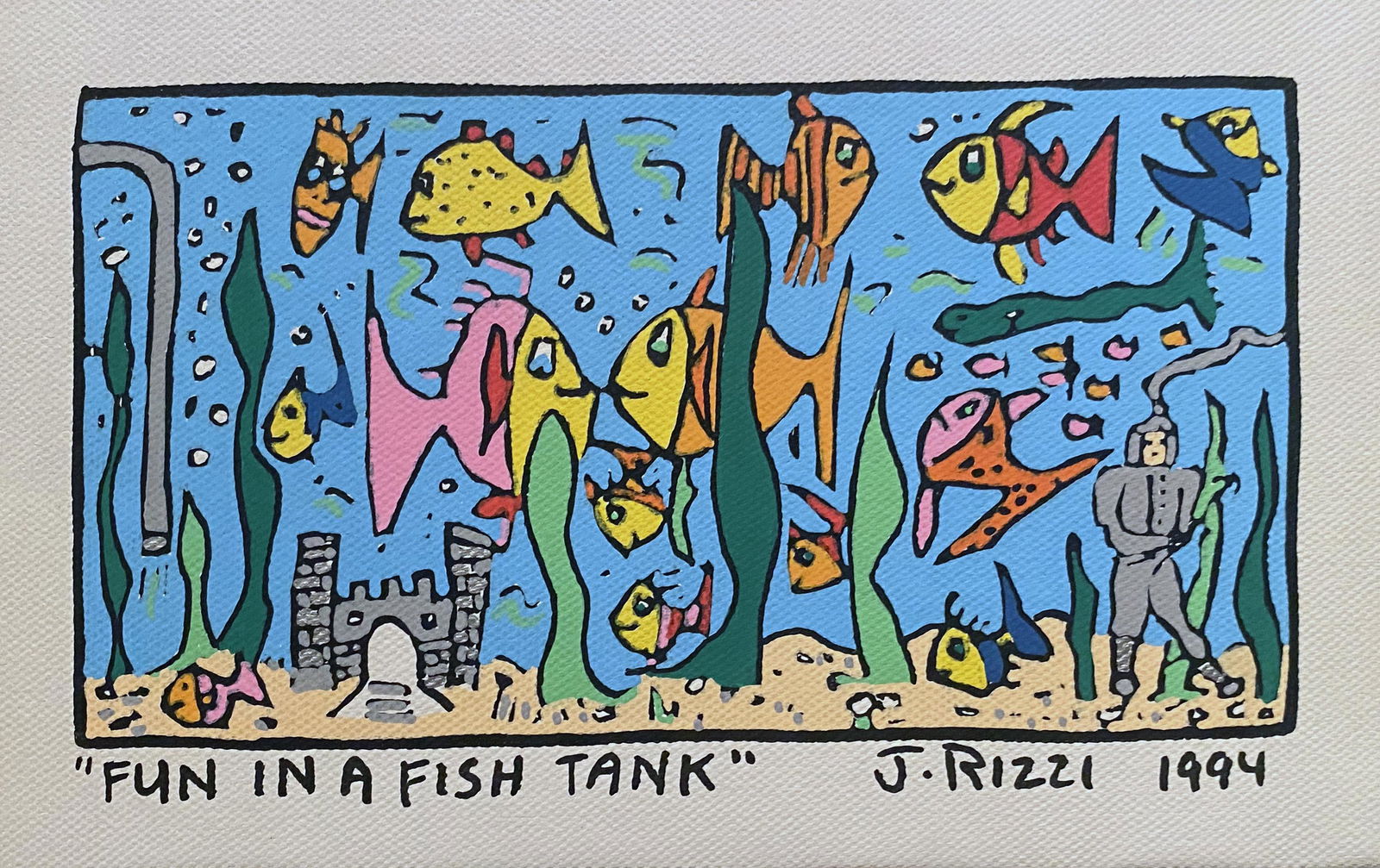 James Rizzi, Acrylic on Canvas Painting: James Rizzi, Acrylic on Canvas Painting "Fun in a Fish Tank," acrylic on canvas, 1994, signed. Framed. Gift from the artist. James Rizzi (1950-2011) was an American Pop artist, best known for his exub