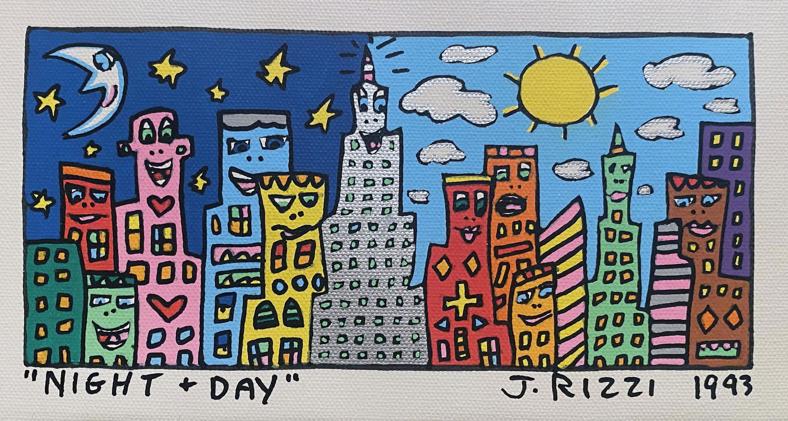 James Rizzi, Acrylic on Canvas Painting: James Rizzi, Acrylic on Canvas Painting "Night + Day," acrylic on canvas, 1993, signed. Framed. Gift from the artist. James Rizzi (1950-2011) was an American Pop artist, best known for his exuberant y