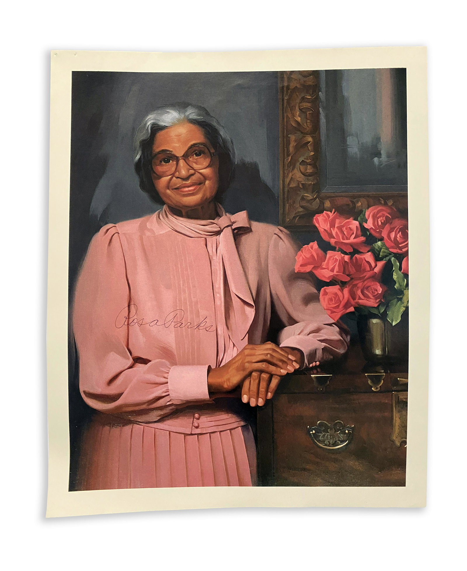 Rosa Parks Autographed Picture: Rosa Parks Autographed Picture Rosa Parks Autographed picture. Copy of a painted portrait of Rosa Parks on which Ms. Parks signed her signaturre in ball point pen. 8.5 x 11 This is an unreserved aucti