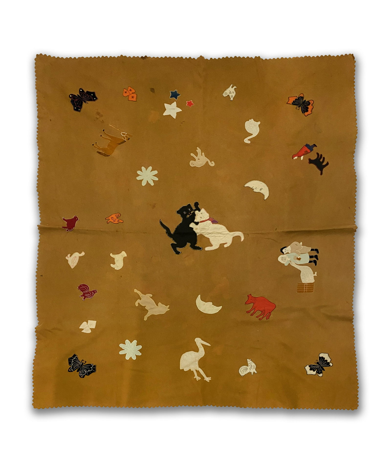 Nursery Rhyme Fantasy Quilt: Nursery Rhyme Fantasy Quilt A charming felt blanket featuring Puss in Boots, Red Riding Hood, butterflies, a stork, a horse, and other charming figures. 66" x 82" This is an unreserved auction with no