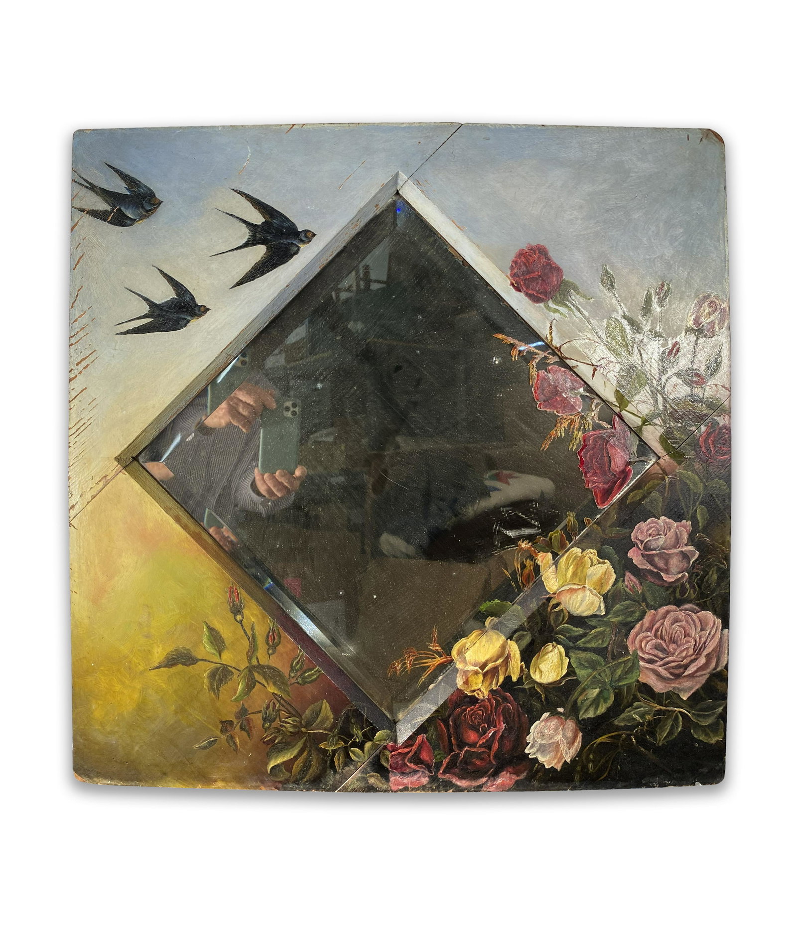 Antique Victorian-era Mirror with Bluebirds and Roses: Antique Victorian-era Mirror with Bluebirds and Roses 24" square This is an unreserved auction with no minimums. This is an online only sale. Items may be viewed upon appointment in New York City.