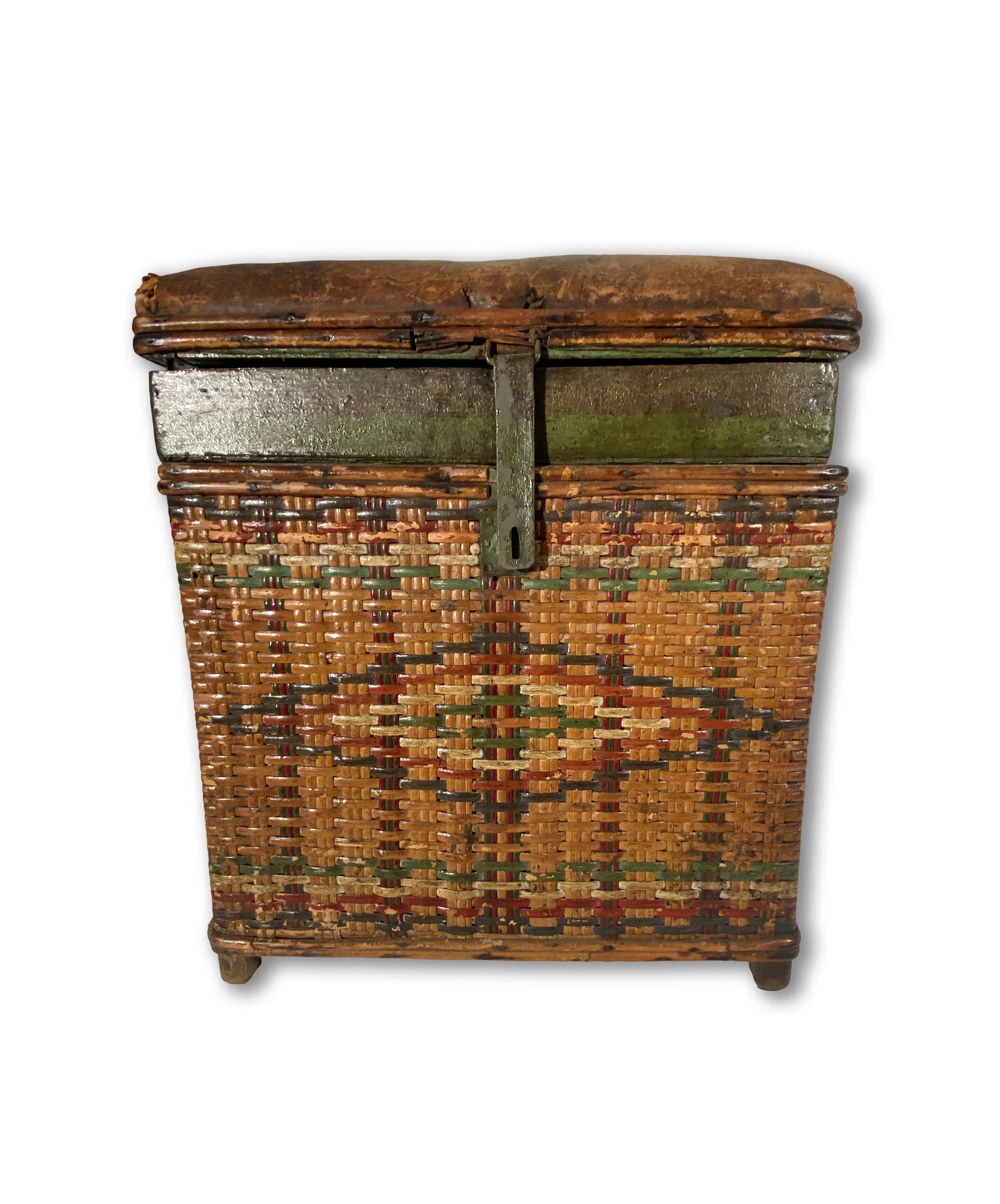Wicker Tackle Storage Box with Leather Cushioned Seat: Wicker Tackle Storage Box with Leather Cushioned Seat A rare and unusual item that is perfect for any collector of antique fishing artifacts. 18" tall This is an unreserved auction with no minimums. T