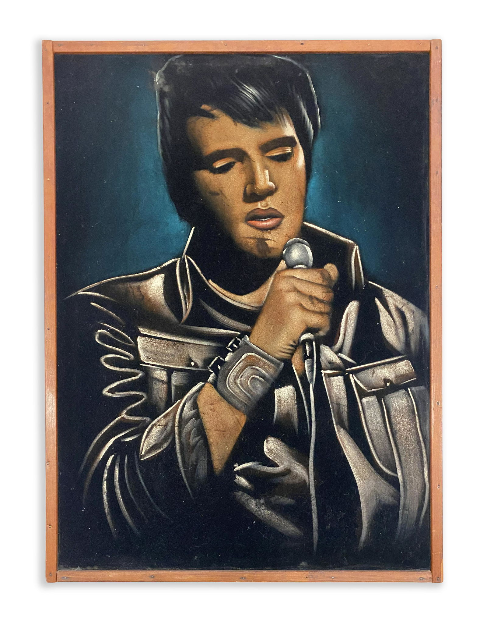 Unique Elvis Presley Black Velvet Painting: Elvis Presley Black velvet painting believed to have been unique This unique work is slightly darker in its overall coloring than it appears in this photograph 35" x 25" This is an unreserved auction
