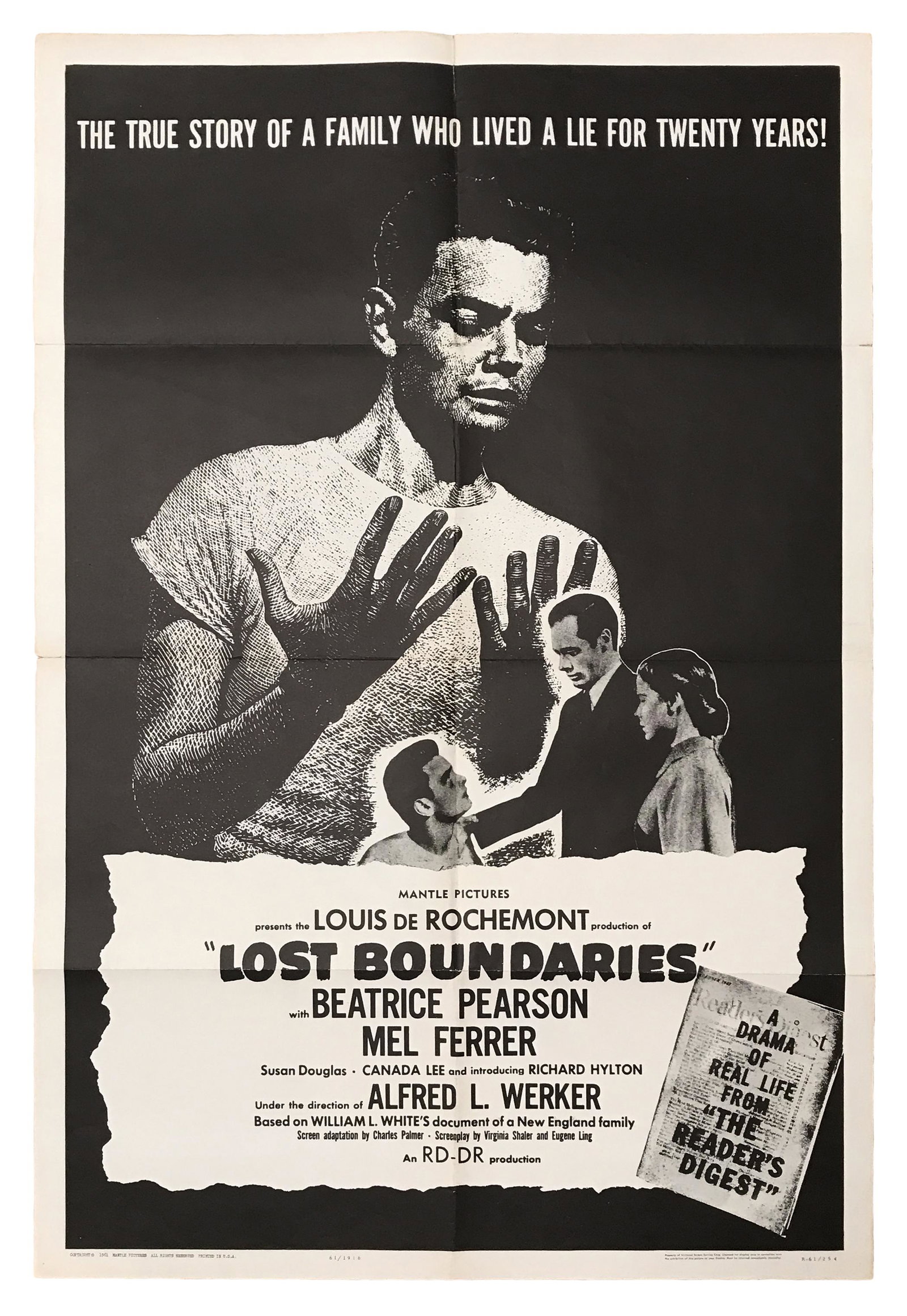 Lost Boundaries Movie Poster, 1961: Lost Boundaries Movie Poster, 1961. Black and white poster includes a list of credits noting the producer and the starring roles in the film including Canada Lee, Beatrice Person and Mel Ferrer. Poste