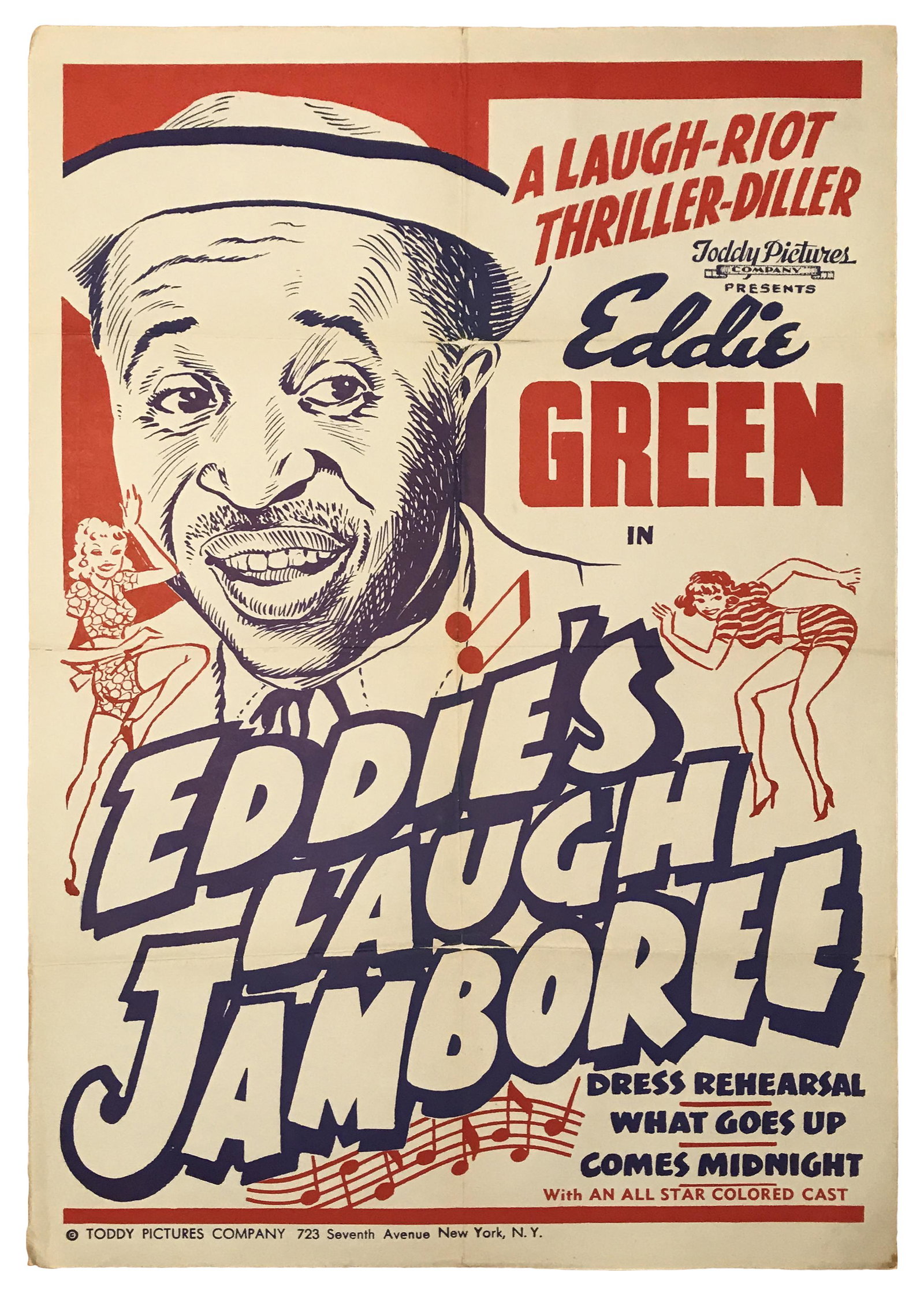Eddie's Laugh Jamboree Poster, 1944: Movie Poster for the Film Eddie's Laugh Jamboree, 1944. Starring Eddie Green and Ernestine Jones, the film was produced by Toddy Pictures. A 41" x 27" one sheet, linen-backed poster. Some slight paper