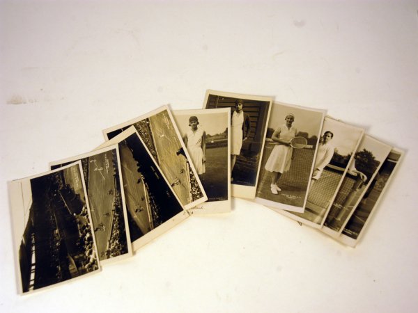Ten Trim Postcards Featuring Centre Court and Vario: Ten Trim Postcards: Miss Sandison W2; Miss Sandison W9 (writing bottom front border); Centre Court R118; Centre Court A149; Centre Court S73; Centre Court R137; Fred Perry And Dorothy Round (names not