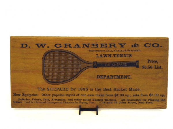 D.W. Granberry Hanging Wooden Sign: D.W. Granberry & Co.Wood Hanging. D.W. Granberry, Successors to Hall, Noichoil & Granberry, Lawn Tennis Dept. 20-22 John Street, New York. 7" x 17"