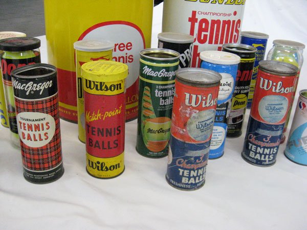 Collection of Vintage Tennis Ball Cans: Approximately 30 tennis ball cans plus two ginat cans. Several are vintage and some contains tennis balls.