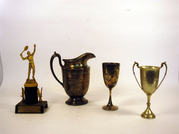 Four 20th-Century US and India Trophies: Roundup of four trophies: 1) DC Recreation Dept. Government Tournament 1955 Doubles Runner-ups Ralph Adair and G. Alphonso Smith; 2) Epsom LTC 1926 Men's Open Doubles won by P.A. Duke and E.S. Littlet