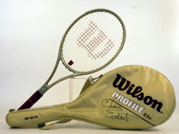Chris Evert Wilson Profile Racquet with Signed Cov: Chris Evert Wilson Profile racquet with autographed racquet cover, obtained personally from a silent auction at the Atlanta Sports Supershow during the 1990s.