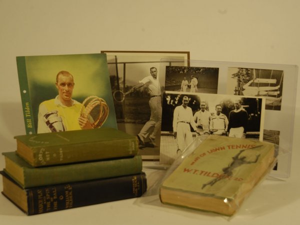 Four Tilden Authored Books Plus Photographs: Four books written by Tilden: 'The Art of Tennis' in a dust jacket, 'Glory's Net', 'Match Play and the Spin of the Ball', and 'Aces, Places and Faults'; four vintage snapshots of Tilden on or near ten