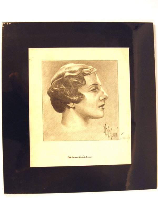 Pencil Sketch of Helen Wills, 1941: Pencil sketch of Helen Wills, autographed by Wills and the artist, M.N. Nerrin, and dated 1/10/41. Matted.