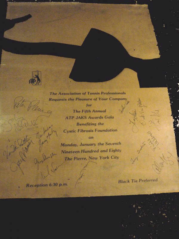 ATP Awards Dinner 1980 Autographed Poster: ATP 1980 JAKS Awards Dinner poster mounted on paper, autographed by Arthur Ashe, Jack Kramer, John McEnroe, Vic Seixas, Dick Van Patten, Peter Fleming, Rex Bellamy, and others. 24" x 18"