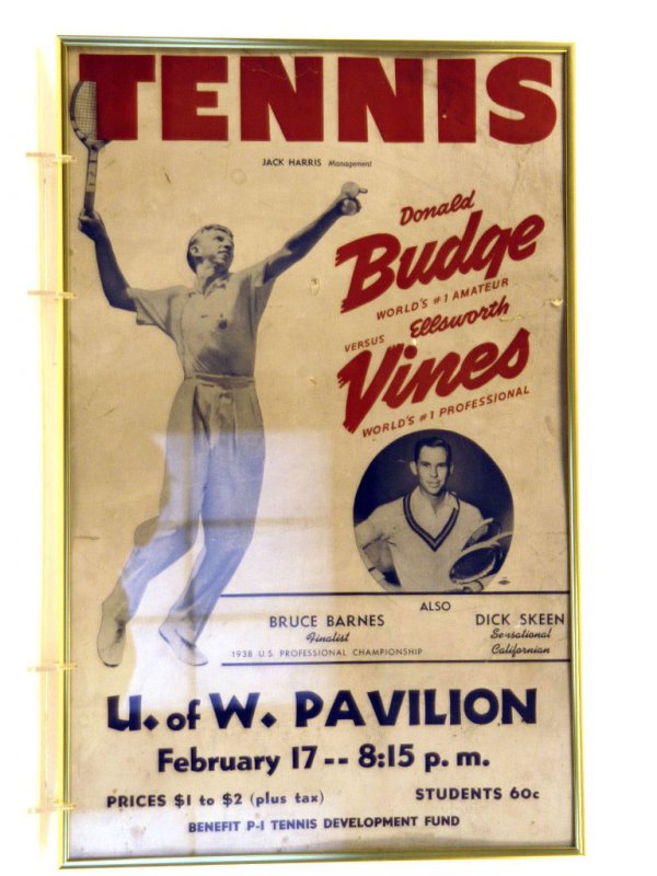 Budge and Vines Match Poster, 1939: Match poster from 1939: Jack Harris presents Donald Budge vs. Ellsworth Vines, and also Bruce Barnes and Dick Skeen. Framed.