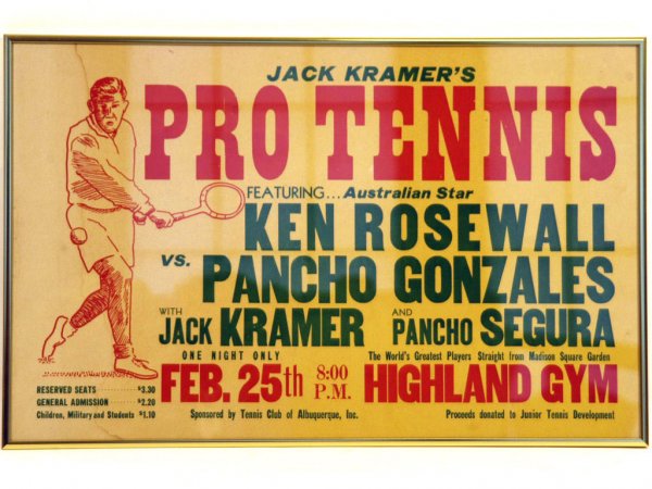 Jack Kramer Pro Tennis Poster: Jack Kramer Pro Tennis competition poster, featuring Ken Rosewall vs. Pancho Gonzales, and Jack Kramer and Poncho Segura. Framed. 14" x 21"