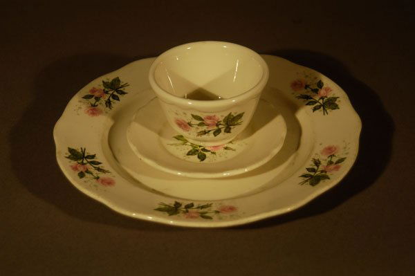 Twelve Pieces of Original Rose-Patterned China: Original rose-patterned china from when Warner LeRoy first opened Tavern on the Green in the mid-1970's. Rose pattern from Buffalo China. Four dinner plates, four soup cups, and four saucers. Plates: