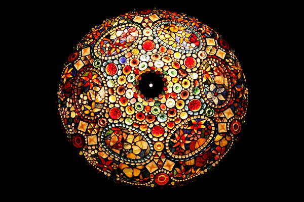 Art Nouveau-Style Tiffany Glass Hanging Lamp: Art Nouveau-style leaded glass ceiling lamp crafted from Tiffany workshop glass, including square frogs' back jewels, opalescent glass, and marbleized glass, and features turquoise oval cartouches. Pl