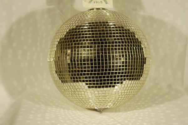 Two Classic Disco Balls: Two classic disco balls with reflective mirror pieces. Dia. 14" and 28"