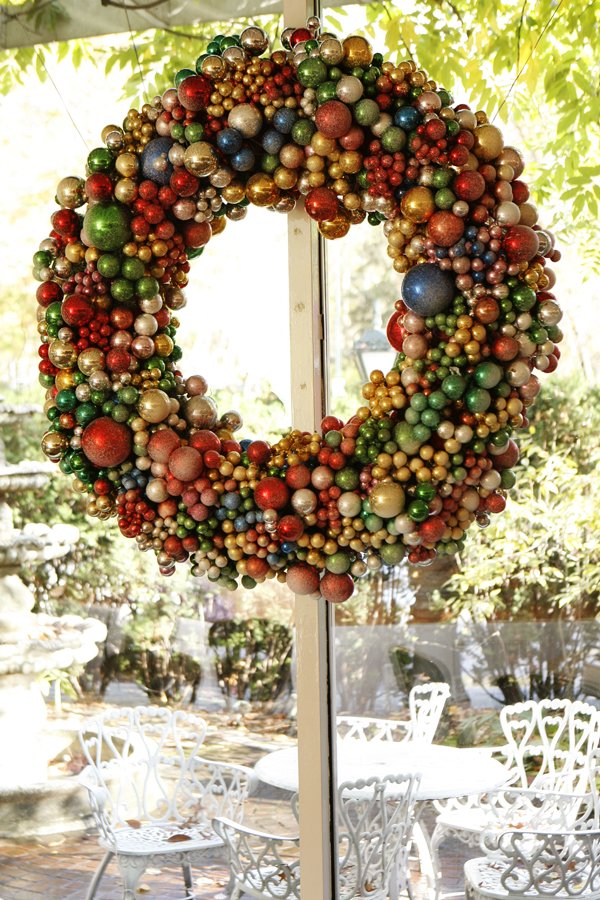 Set of Two Christmas Wreaths: Two large and festive holiday wreaths created from layers of multicolored metallic balls from the Park Room. Dia. 40"
