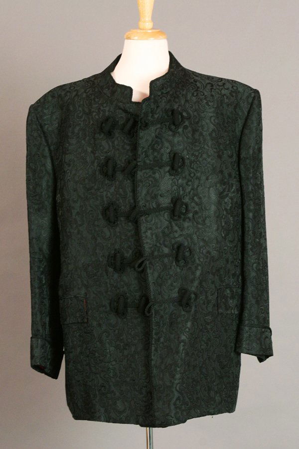 Black Paisley Smoking Jacket by Turnbull & Asser: Black paisley brocaded smoking jacket with cording trim and toggles. Made by Turnbull & Asser