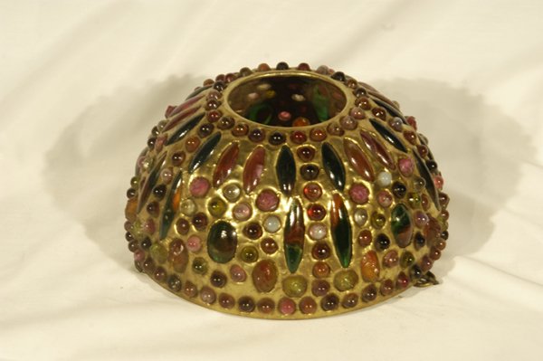 Small Rounded Byzantine-Style Colored Glass Lampshade: Byzantine-style lampshade with gold-colored heavy leading between glass. Dia. 13"