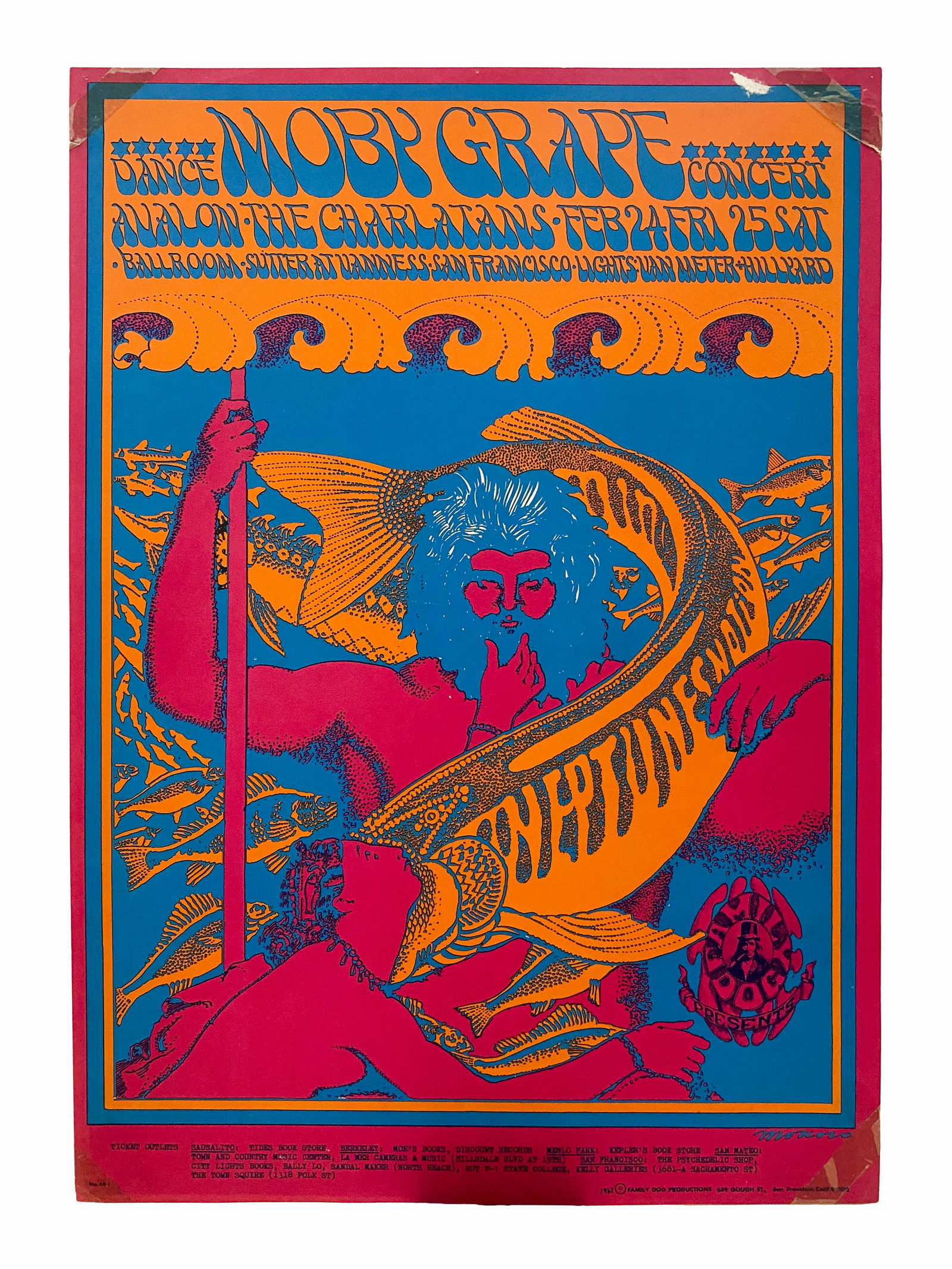 Moby Grape, Charlatans Poster: Moby Grape, Charlatans Poster FD 49. Moby Grape, Charlatans, Neptune's Nation. Avalon Ballroom, Feb. 1967. Artist: Victor Moscoso. First printing; excellent condition but with tape on corners. Conditi