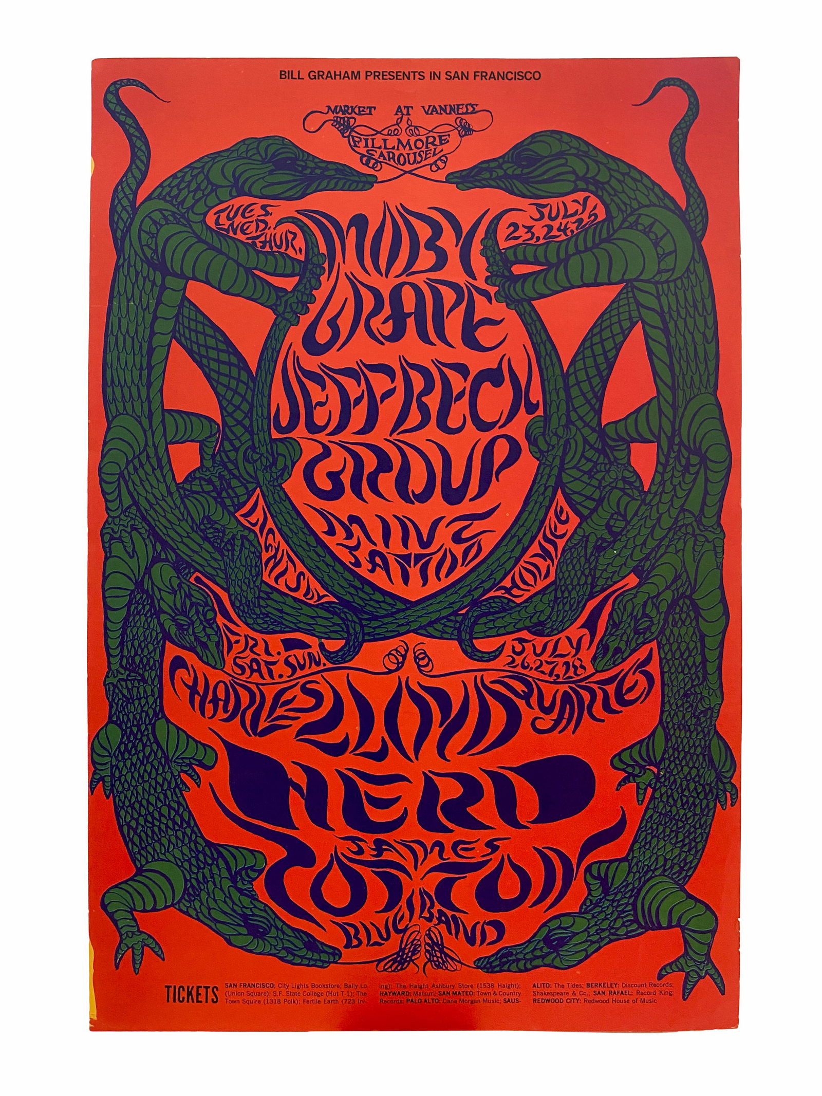 Moby Grape, Jeff Beck Poster: Moby Grape, Jeff Beck Poster BG 130. This Moby Grape, Jeff Beck, James Cotton poster has small orange stripeprinted error on bottom left which can be seen on all first printings of this poster.Artist: