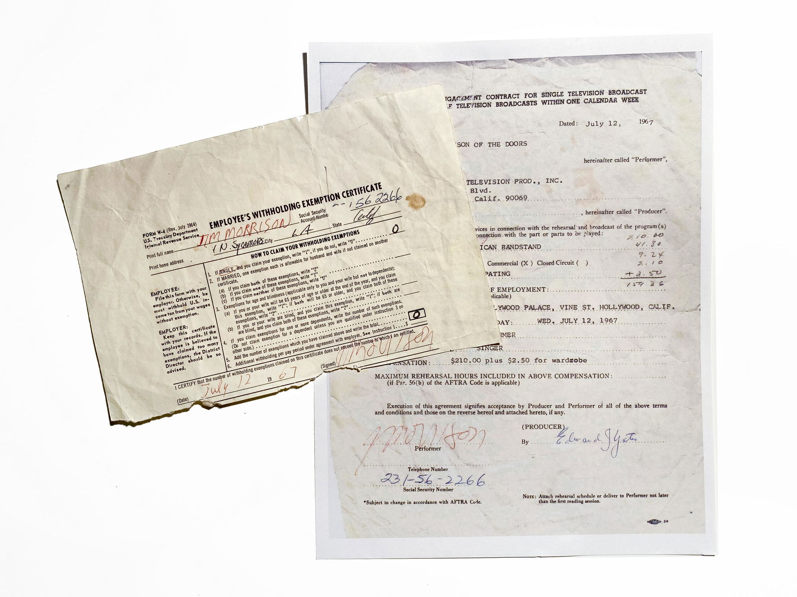 Jim Morrison's Signed W-4 For American Bandstand (1 of 2)