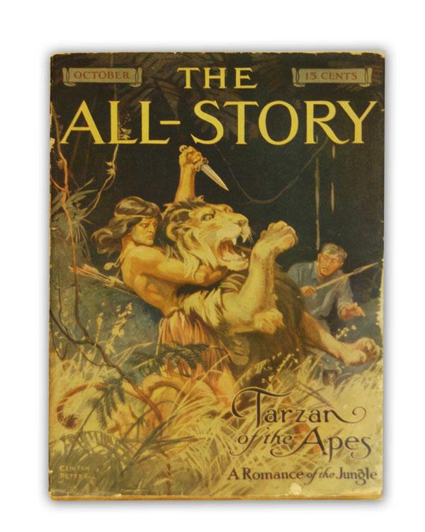 First "Tarzan of the Apes" Inscribed: The first volume in which Tarzan of the Apes, the character created by Edgar Rice Burroughs, appeared. "All-Story" October 1912, vol. xxiv, no 2. Inscribed at the top on the title page: "To F S Ackerm