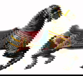 Carousel Horse, Stein and Goldstein : Stein and Goldstein. This substantial figure was carved in the "Indian Pony" style by the Brooklyn based carousel-carving studio, Stein and Goldstein. Known for aggressive looking horses (many think