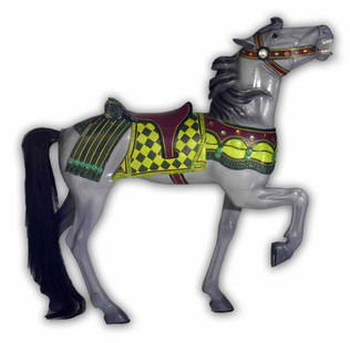 Carousel Horse, Charles Carmel: Charles Carmel. American, Coney Island Style. Charles Carmel created a delicate, middle row stander when he crafted this interesting horse at his Coney Island shop c. 1910. 51" x 51". Restored paint.